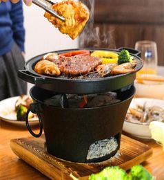 "Portable gietijzeren houtskool BBQ grilltafel top fornuis - Chinese retro -stijl verwarmingsfornuis met aluminium pan en houtkussen voor koken buiten"