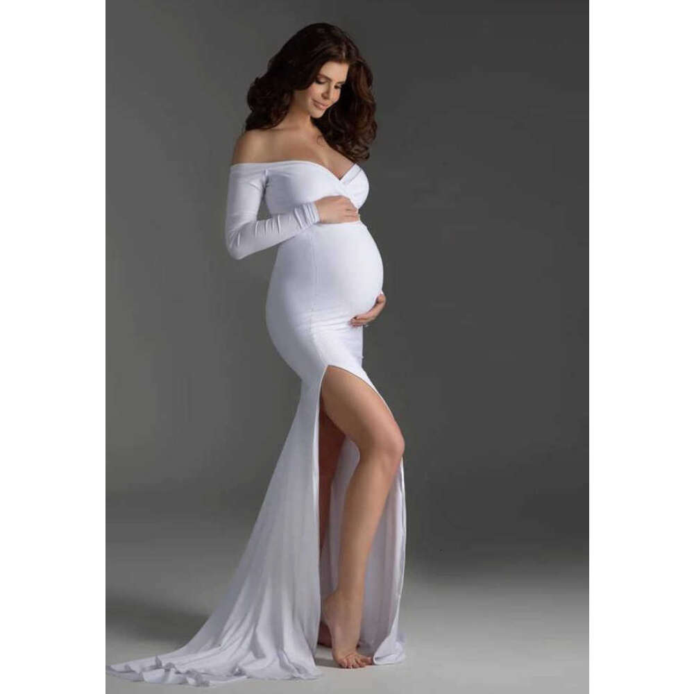 「見事な妊娠写真撮影のためのスタイリッシュでエレガントな肩のないマタニティドレス - 妊婦向けの完璧なスプリットサイドマキシガウン写真小道具」