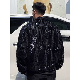 "Veste élégante en patchwork de paillettes pour hommes - Mode streetwear tendance, manteau court à revers pour l'automne 2023 - Noir, design en tissu zippé"