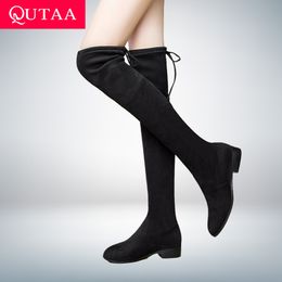 QUTAA 2020 dames chaussures carré talon bas femmes sur le genou bottes gommage noir bout pointu femme moto bottes taille 34-43