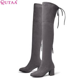 QUTAA 2021 Femmes Over the Knee High Shoes Platform Zipper All Match Square High Heel Boots d'hiver sexy Boots Femmes Taille 34-43