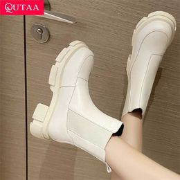 QUTAA 2022 mode Ins en cuir véritable femmes bottines plate-forme fourrure chaude talon haut chaussures d'hiver ZA femme décontracté taille 34-41 211105