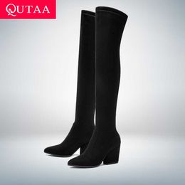 QUTAA Femmes sur le genou bottes hautes talons compensés chaussures d'hiver bout pointu sexy tissu élastique femmes bottes taille 34-43 210911