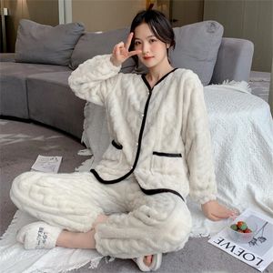 Qweek herfst winter lange mouw nachtkleding koraal fleece effen kleur pjamas v hals pocket schattige pijamas loungewear pyjama 220329