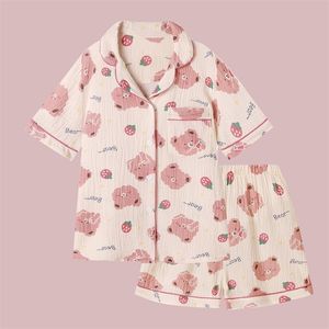 QWEEK coton fraise pyjamas pour femmes Kawaii costumes avec short été Pijama drôle ours imprimé vêtements de nuit pyjamas mignons 220329