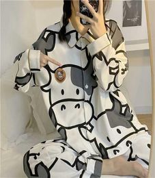 Qweek Cow Print Pyjamas Two Piece Set Automne Pijamas Femmes Coton Coton Migne Home Clothes Pyjamas Sleepwear Style japonais Kawaii 2201142108637