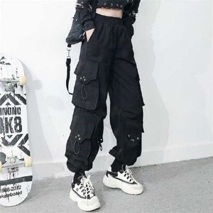 QWEEK Gothic Black Cargo Pants Mujeres Baggy Harajuku Streetwear Oversize Punk Jogging Pantalones para mujer Hip Hop Mall Goth Emo 211115