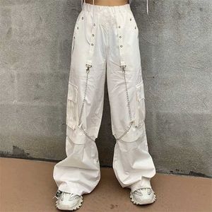 QWEEK Harajuku gótico blanco Cargo pantalones con cadena mujeres Mall Goth Hippie Moda Punk suelto holgado Oversize estilo coreano pantalones 211216