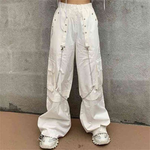 QWEEK Harajuku Gothique Blanc Cargo Pantalon Avec Chaîne Femmes Centre Commercial Goth Hippie Moda Punk Lâche Baggy Surdimensionné Style Coréen Pantalon 210915