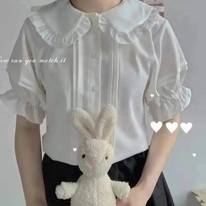 Qweek Japanse zoete lolita -stijl blouse kawaii peter pan kraag jk shirts meisjes schattige ruches korte puff mouw witte top 240514