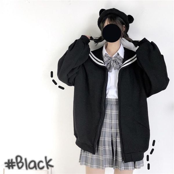 QWEEK Kawaii Black Zip Up Sweat à capuche Femmes Sailor Collier Sweat-shirt Japonais Streetwear Soft Girl Mode surdimensionné 210803