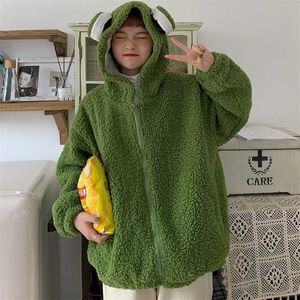 Qweek kawaii kikker hoodie vrouwen schattige zip-up sweatshirt dierlijke oren rits pullover Koreaanse stijl zoete groene top alt kleding 211206