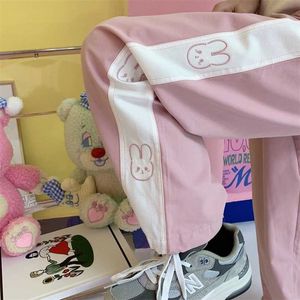 QWEEK KAWAII Joggers Soft Girl Style Dames Sport Broek Harajuku Roze Brede Broek Vrouwelijke Cartoon Oversize Sweatpants Koreaans 211105