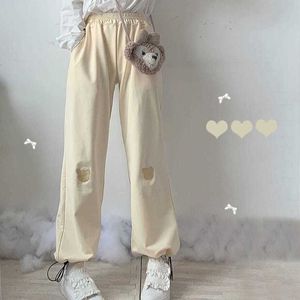 Qweek Kawaii Jogging Bear Broderie Santé gris Femmes Baggy Mode Coréen Fille Soft Soft Sports Pantalons Large Pantalons à la jambe Q0801