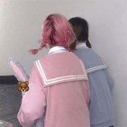 Qweek Kawaii Zip Up Hoodie Sailor Collar Sweatshirt Japan Stijl Lange Mouwen Leuke Tops voor Tieners JK Pink Navy Soft Girl KPOP 210803
