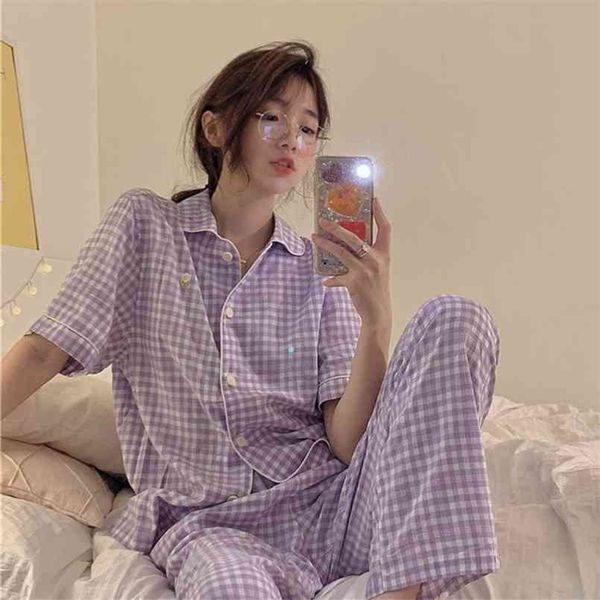 QWEEK Ropa de hogar coreana Mujeres Niñas Pijamas a cuadros Pijamas de verano Pijamas púrpura Top de manga corta y parte inferior larga Conjunto de 2 piezas 210809