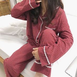 QWEEK Coréen Vêtements De Nuit À Carreaux Pyjama Ensemble Femmes Vintage Pyjamas Femme Dentelle Pijamas À Manches Longues De Nuit Automne Loungewear Pj 211215