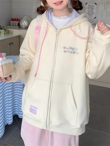 QWEEK Style coréen mignon sweat à capuche zippé femmes Y2K Girly Kawaii veste polaire surdimensionné japonais Harajuku doux broderie vêtements d'extérieur 240202