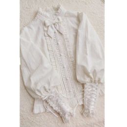 Qweek Lace White Shirt Femmes Lolita Style Gigot Gigot Beau Blouses Japonais à manches longues Ruffle plissée Tops Kawaii