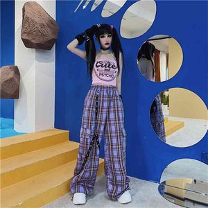 QWEEK PUNK HARAJUKU Geruite broek Dames Goth Hippie Plaid Broek Hip Hop Breed Cargo Indie Y2K Esthetic 2000s Koreaans 210925