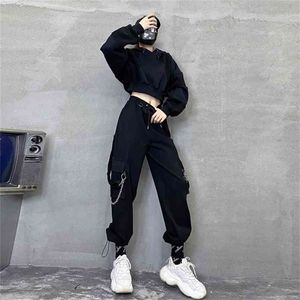 QWEEK PUNK Oversized Cargo Pant Gothic Streetwear Black Chain Harajuku Hippie Koreaanse Straat Stijl Broeken Vrouwelijke Hip Hop 210915