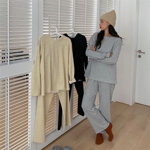 QWEEK ropa de dormir mujer algodón negro gris albaricoque Color sólido Pijamas otoño mujer ropa de casa cálido Pijamas Pijamas 220329