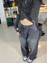 QWEEK Vintage negro pantalones vaqueros holgados mujeres ropa de calle coreana de gran tamaño Harajuku pantalones de cintura alta Grunge Y2K Denim pantalones de pierna ancha 240313