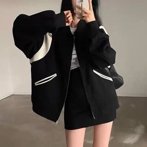 QWEEK Vintage noir Bomber veste femmes coréenne revue Streetwear Varsity vestes surdimensionné Harajuku mode femme Patchwork manteau 240103