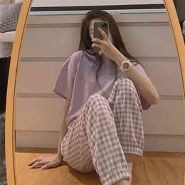 Qweek dames pyjama zomer nacht home pak pyjama's koreaanse stijl effen kleur raster pijamas homewear nachtkleding nachtkleding schattig 210924