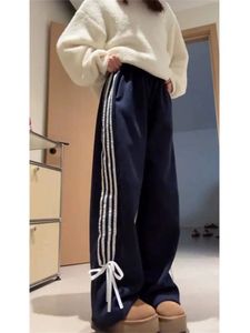 Qweek y2k fleece zweetbroek vrouwen Koreaanse mode lint boog geborsteld broek extra grote winter harajuku gestreepte jogger broek 240410