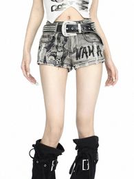 qweek Y2k pantalones vaqueros de cintura baja pantalones cortos mujeres vintage nana anime impresión pantalones de mezclilla rasgados streetwear grunge pantalones cortos verano l7i2 #