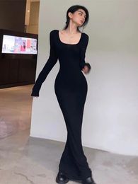 QWEEK Y2K Vestido negro sexy para mujer Abrigo vintage Vestidos largos ajustados ajustados Fiesta de noche Cuello cuadrado Moda Trajes de primavera 240111