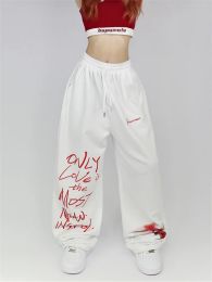 Qweek Y2K Streetwear White Sweatpants Femmes Lettre de style coréen Print Black Track Pantal