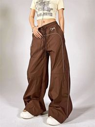QWEEK Y2K Vintage marron Cargo pantalon femmes Streetwear réfléchissant gris piste pantalon surdimensionné Gorpcore jambe large noir pantalons de survêtement 240131