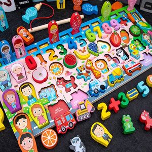 QWZ Kids Montessori Educatief Houten Wiskunde Speelgoed Kinderen Drukke Board Tellen Vorm Kleuren Match Vissen Puzzel Leren Geschenken 240104