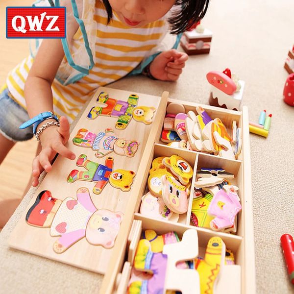 QWZ petit ours changer de vêtements éducation précoce des enfants en bois Puzzle Dressing jeu bébé jouets pour enfants cadeau 231228