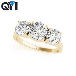 QYI 14K Yellow Gold Luxury 1 karaat ronde gesneden diamant trouwringen voor vrouwen drie stenen verlovingsring 240401