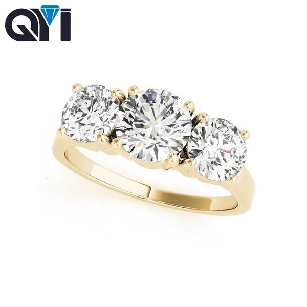 QYI 14K Gold amarillo lujo 1 quilates Anillos de boda de diamantes de corte redondo para mujeres Anillo de compromiso de tres piedras 240401