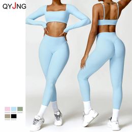 QYJNG Ensemble de gymnastique femme 2 pièces vêtements de sport à manches longues costume d'entraînement pour Fitness vêtements de yoga vêtements d'entraînement tenue de sport féminine noir 240112