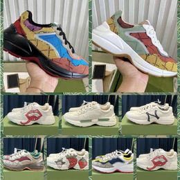 R Box Gglies Mens Italia Mujeres con diseñador Rhyton Casual Sneaker Shoe Cuero Dad Shoes Jacquard Fabric Vintage Multicolor Sneakers Impresión H