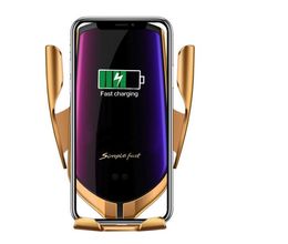 R1 10W Cargador inalámbrico para automóvil Soporte de sujeción automático Soporte de cargador Qi de inducción infrarroja para iphone 8 x 11 12 samsung s9 s10 universal