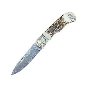 Cuchillo plegable R1022 VG10 de acero de Damasco, punta de gota, hoja grabada con ácido, cuerno con mango de latón tallado, cuchillos de regalo de bolsillo EDC