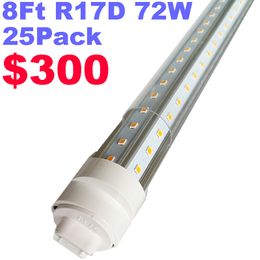 R17d Tube de lumière LED de 8 pieds Ampoule en forme de V à 2 broches 72 W Base HO rotative Couvercle transparent Alimentation double extrémité, 9000LM Blanc froid 6500K, Couvercle transparent, AC 90-277V usalight