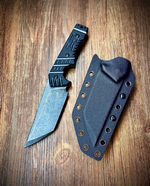 R7273 Cuchillo recto de supervivencia A2 Stone Wash Tanto Point Blade Full Tang Black G10 Mango Cuchillos tácticos para acampar al aire libre con Kydex