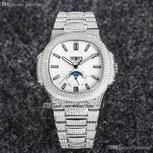 R8F 5726 Cal A324 Phase de Lune Automatique Montre Homme Boîtier Pavé Diamants Blanc Cadran Bâton Glacé Avec Bracelet Diamant Bling Super Edition Bijoux Montres Puretime A1