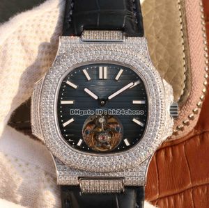 R8F Nautilus 5711 Diamanten Case Real Tourbillon Mechanische Hand-Winding Heren Horloge Blauw Wijzerplaat Lederen Band Sports Gents Horloges