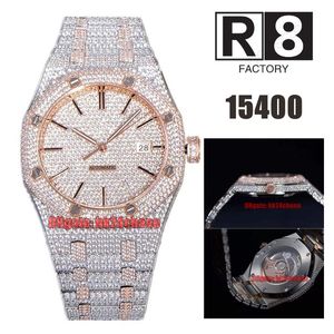 Montres R8F 15400 Full Diamond Remontage automatique Cal.3120 Montre automatique pour homme Gypsophila Pave Diamonds Cadran Diamant Or rose Bracelet bicolore Montres pour hommes