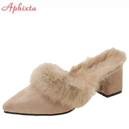 Rabbit Aphixta Hair Slippers Warm Women Shoes Winter Pointed Toe Real Fur Square Heel Lady Mujer Indoor Slides