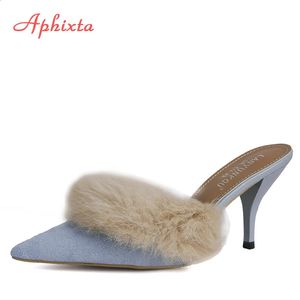 Lapin aphixta soft réel fourrure peluche pointu toe femmes pantoufles 6 cm / 8 cm talons minces chaussures à talon plat glisses de cheveux 231219 4089