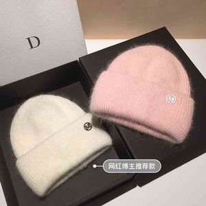 Bonnet tricoté en laine et fourrure de lapin pour femme, couvre-oreilles chaud et doux, S, collection automne-hiver 2021